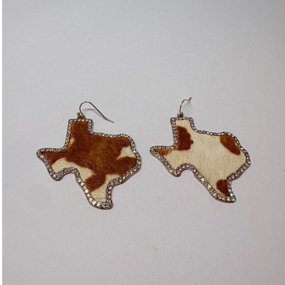 Jewelry - Texas State Cowhide Print Rhinestone Gold Tone Filigree Drop Earrings